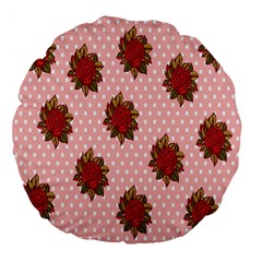 Pink Polka Dot Background With Red Roses Large 18  Premium Flano Round Cushions by Nexatart