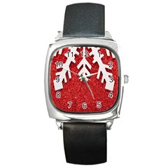 Macro Photo Of Snowflake On Red Glittery Paper Square Metal Watch by Nexatart