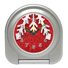 Macro Photo Of Snowflake On Red Glittery Paper Travel Alarm Clocks by Nexatart