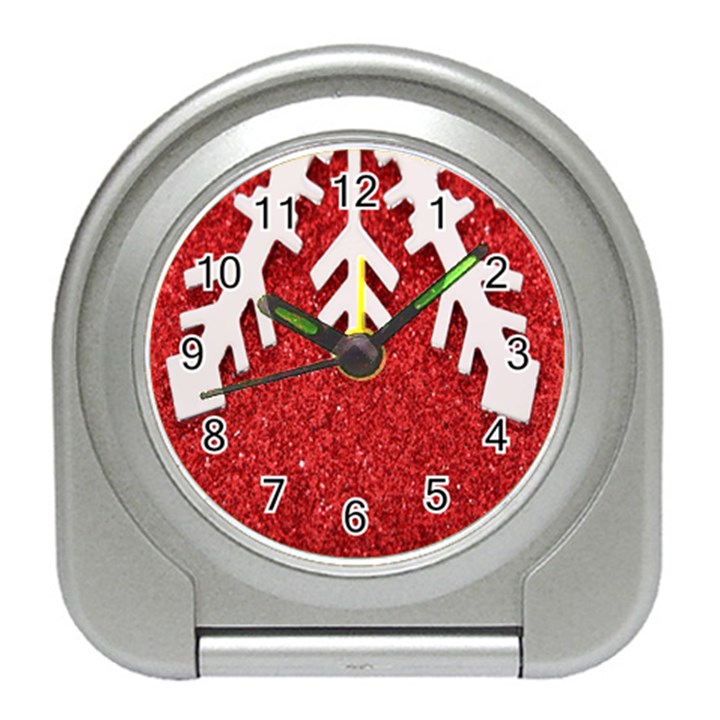 Macro Photo Of Snowflake On Red Glittery Paper Travel Alarm Clocks