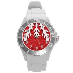 Macro Photo Of Snowflake On Red Glittery Paper Round Plastic Sport Watch (l) by Nexatart