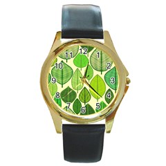 Leaves Pattern Design Round Gold Metal Watch by TastefulDesigns