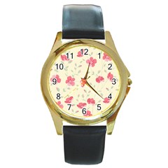 Seamless Flower Pattern Round Gold Metal Watch by TastefulDesigns