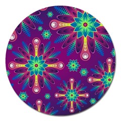 Purple And Green Floral Geometric Pattern Magnet 5  (round) by LovelyDesigns4U