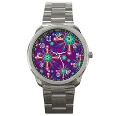 Purple And Green Floral Geometric Pattern Sport Metal Watch