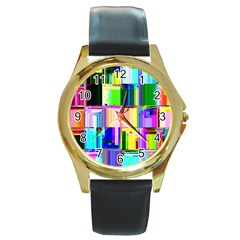 Glitch Art Abstract Round Gold Metal Watch