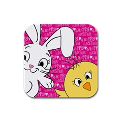 Easter Bunny And Chick  Rubber Square Coaster (4 Pack)  by Valentinaart