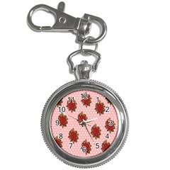 Pink Polka Dot Background With Red Roses Key Chain Watches by Nexatart