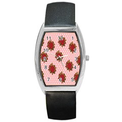 Pink Polka Dot Background With Red Roses Barrel Style Metal Watch