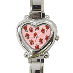 Pink Polka Dot Background With Red Roses Heart Italian Charm Watch by Nexatart