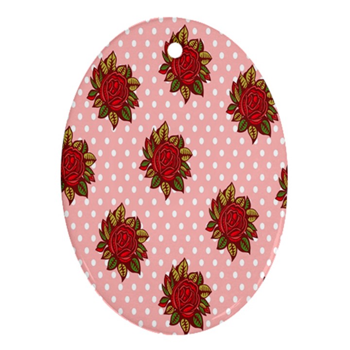 Pink Polka Dot Background With Red Roses Oval Ornament (Two Sides)