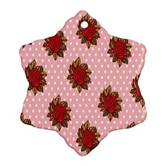 Pink Polka Dot Background With Red Roses Snowflake Ornament (two Sides) by Nexatart