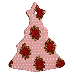 Pink Polka Dot Background With Red Roses Christmas Tree Ornament (two Sides)