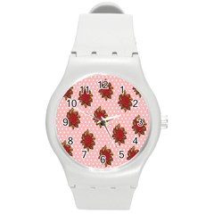 Pink Polka Dot Background With Red Roses Round Plastic Sport Watch (m) by Nexatart