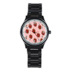 Pink Polka Dot Background With Red Roses Stainless Steel Round Watch by Nexatart