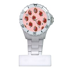 Pink Polka Dot Background With Red Roses Plastic Nurses Watch by Nexatart