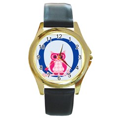 Alphabet Letter O With Owl Illustration Ideal For Teaching Kids Round Gold Metal Watch by Nexatart