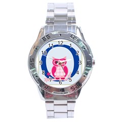 Alphabet Letter O With Owl Illustration Ideal For Teaching Kids Stainless Steel Analogue Watch by Nexatart