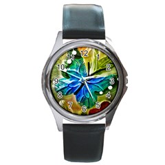 Blue Spotted Butterfly Art In Glass With White Spots Round Metal Watch by Nexatart