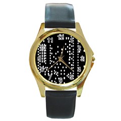 Circle Plaid Black White Round Gold Metal Watch by Mariart