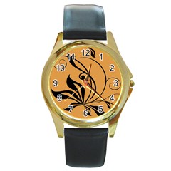 Black Brown Floral Symbol Round Gold Metal Watch by Mariart