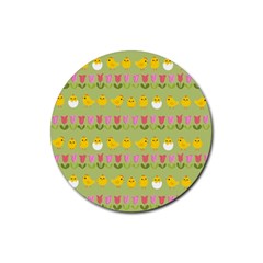 Easter - Chick And Tulips Rubber Round Coaster (4 Pack)  by Valentinaart