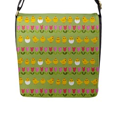 Easter - Chick And Tulips Flap Messenger Bag (l)  by Valentinaart