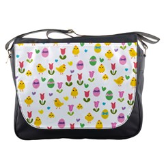 Easter - Chick And Tulips Messenger Bags by Valentinaart