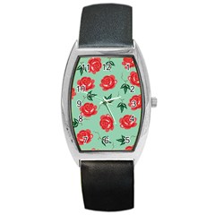Red Floral Roses Pattern Wallpaper Background Seamless Illustration Barrel Style Metal Watch