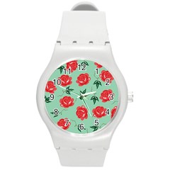 Red Floral Roses Pattern Wallpaper Background Seamless Illustration Round Plastic Sport Watch (M)