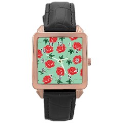 Red Floral Roses Pattern Wallpaper Background Seamless Illustration Rose Gold Leather Watch 