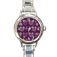 Purple Hearts Seamless Pattern Round Italian Charm Watch