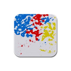 Paint Splatter Digitally Created Blue Red And Yellow Splattering Of Paint On A White Background Rubber Square Coaster (4 pack) 