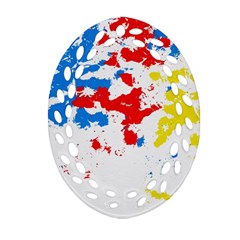 Paint Splatter Digitally Created Blue Red And Yellow Splattering Of Paint On A White Background Oval Filigree Ornament (Two Sides)