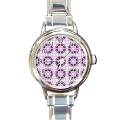 Pretty Pink Floral Purple Seamless Wallpaper Background Round Italian Charm Watch by Nexatart