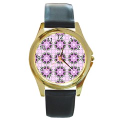 Pretty Pink Floral Purple Seamless Wallpaper Background Round Gold Metal Watch by Nexatart
