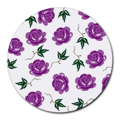 Purple Roses Pattern Wallpaper Background Seamless Design Illustration Round Mousepads by Nexatart