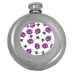 Purple Roses Pattern Wallpaper Background Seamless Design Illustration Round Hip Flask (5 Oz) by Nexatart