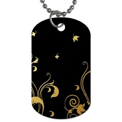 Golden Flowers And Leaves On A Black Background Dog Tag (one Side) by Nexatart