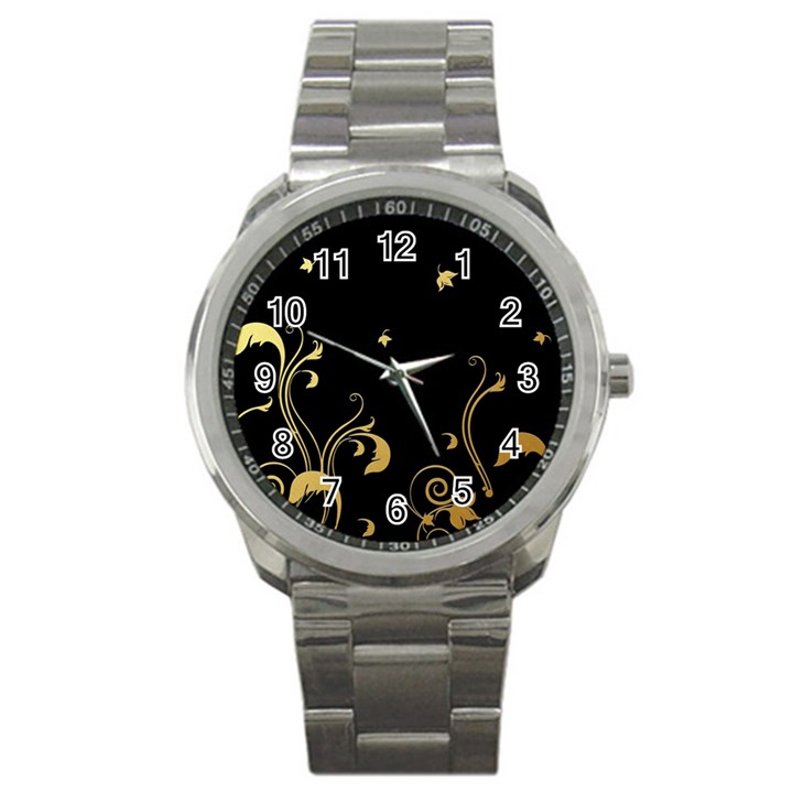 Golden Flowers And Leaves On A Black Background Sport Metal Watch