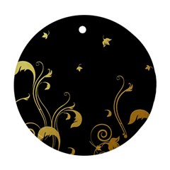 Golden Flowers And Leaves On A Black Background Round Ornament (two Sides) by Nexatart