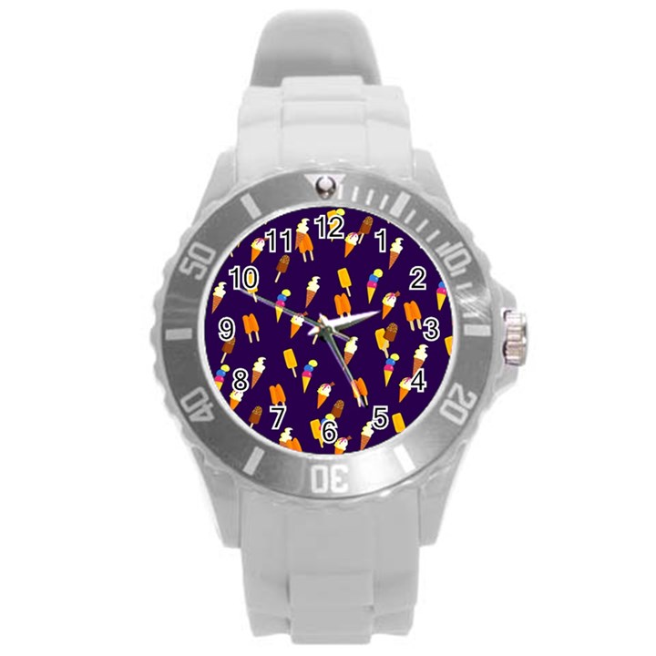 Seamless Cartoon Ice Cream And Lolly Pop Tilable Design Round Plastic Sport Watch (L)