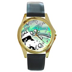 Small And Big Bubbles Round Gold Metal Watch by Nexatart