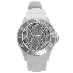 Black And White Line Abstract Round Plastic Sport Watch (l) by Nexatart