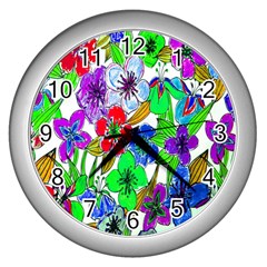 Background Of Hand Drawn Flowers With Green Hues Wall Clocks (silver)  by Nexatart