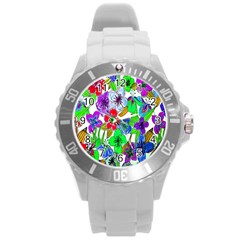 Background Of Hand Drawn Flowers With Green Hues Round Plastic Sport Watch (l)