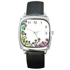 Floral Border Cartoon Flower Doodle Square Metal Watch by Nexatart