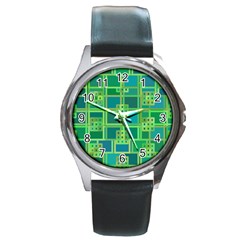 Green Abstract Geometric Round Metal Watch by Nexatart