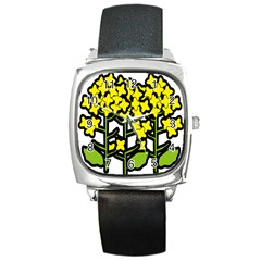 Flower Floral Sakura Yellow Green Leaf Square Metal Watch by Mariart