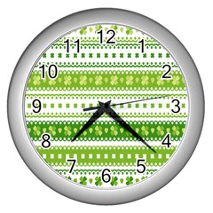 Flower Floral Green Shamrock Wall Clocks (silver) 